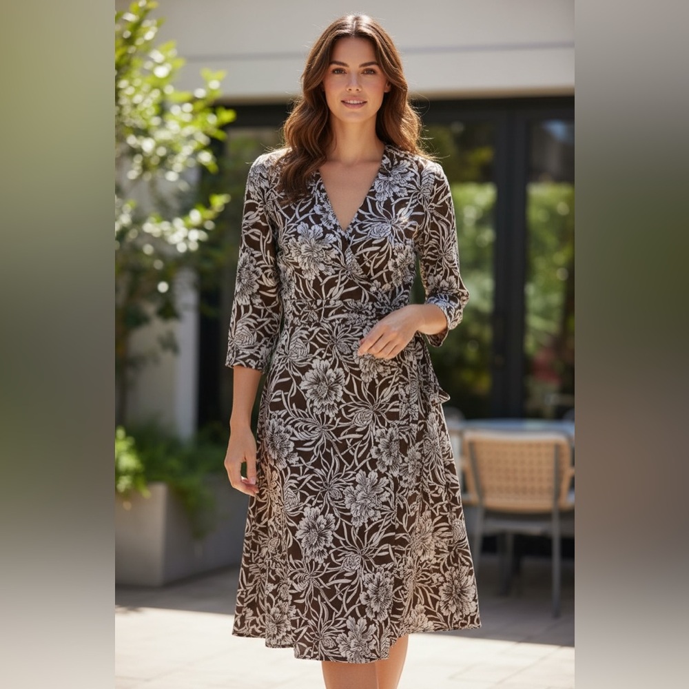 LOFT Brown and Cream Floral Midi Dress